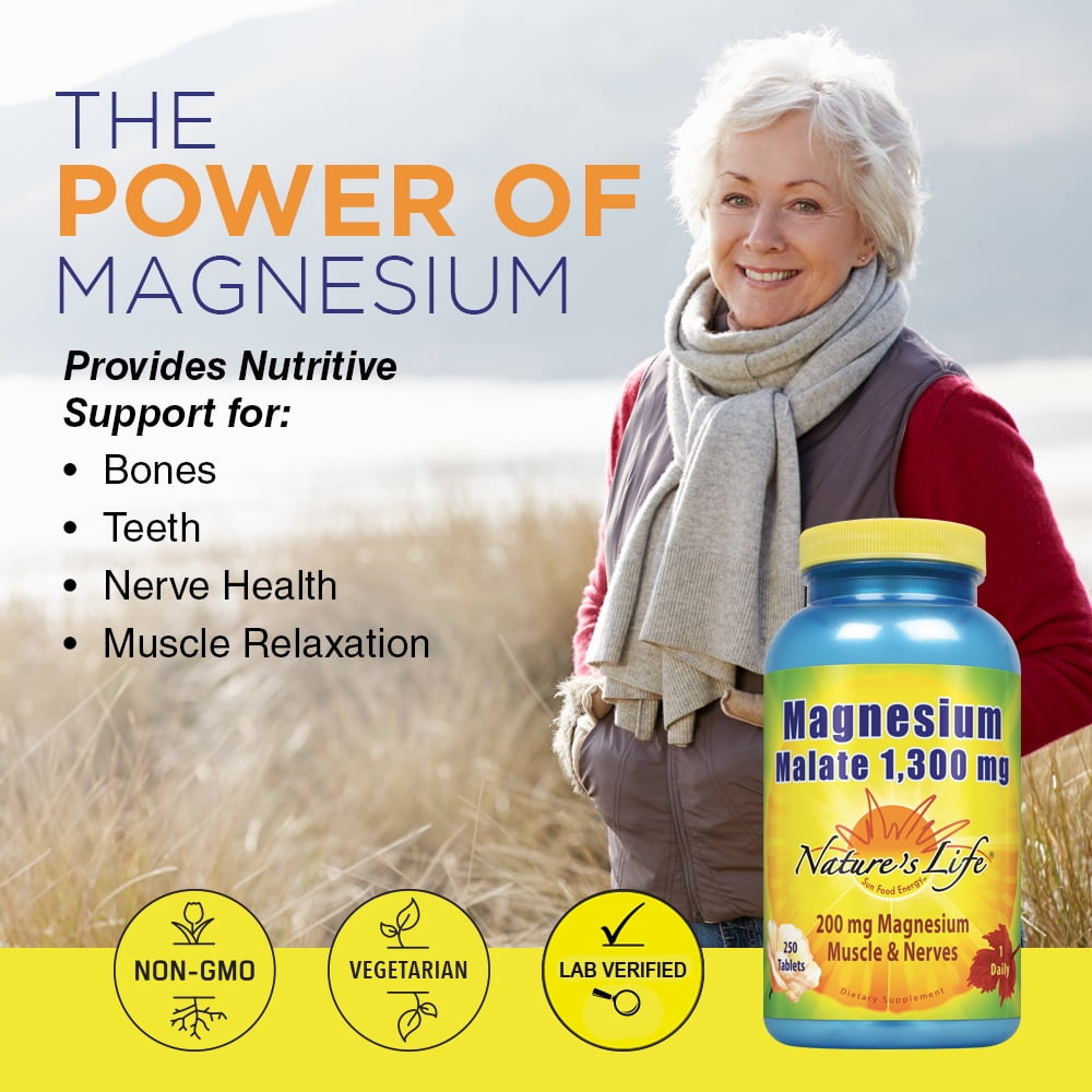 Nature's Life Magnesium Malate 1300mg | With Malic Acid for Maximum  Absorption | May Support Healthy Bones, Teeth & Nerve Function | Non-GMO |  250 Ct - Walmart.com