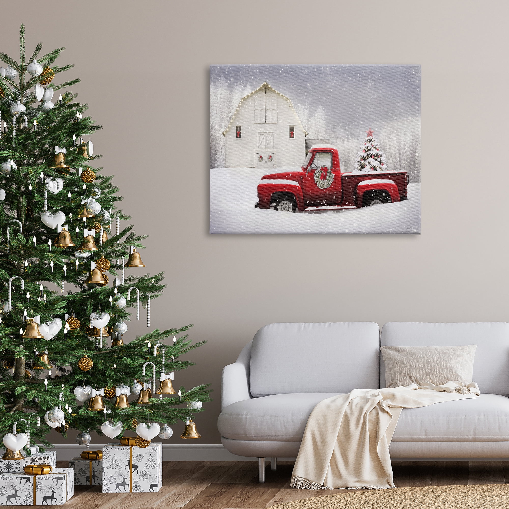 Red Truck Parked Snowy Decorated Christmas Barn Transportation Painting Gallery-Wrapped Canvas Print Wall Art