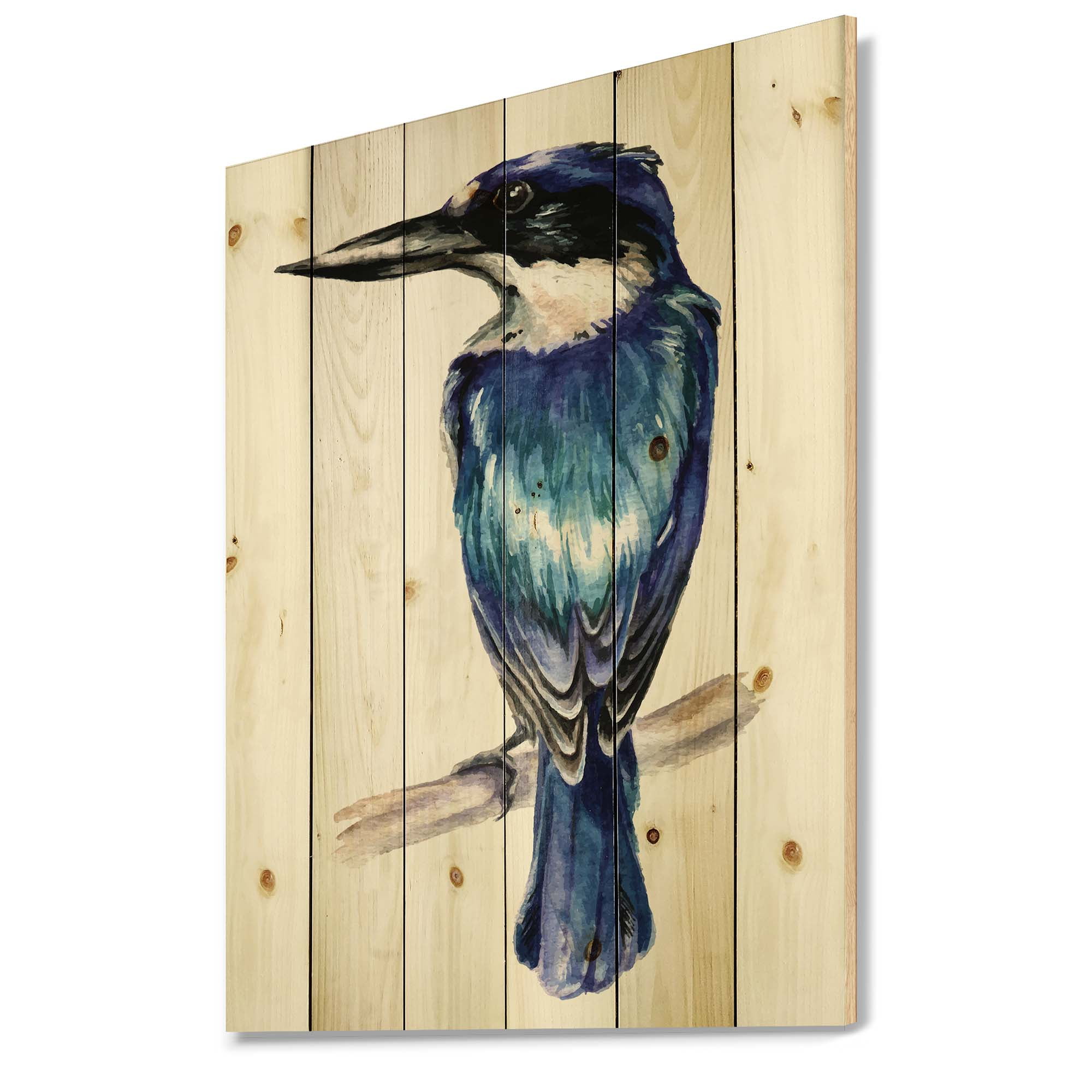 Designart 'Style Blue Kingfisher Bird' Traditional Print on Natural Pine Wood