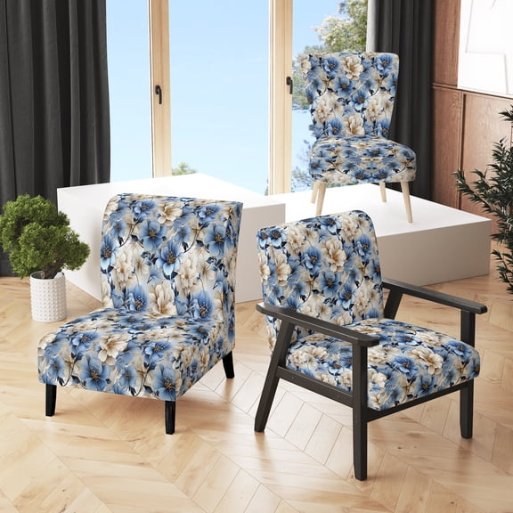 Designart "Dreamlike Blue White Floral Fantasy III" Blue Dream Upholstered Accent Chair - Cottage Arm Chair For Living Room