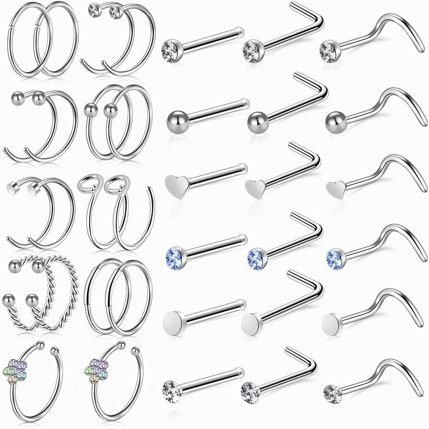 33-36PCS Stainless Steel CZ Nose Stud Nose Hoop Rings Stud Hoop Piercing Jewelry 