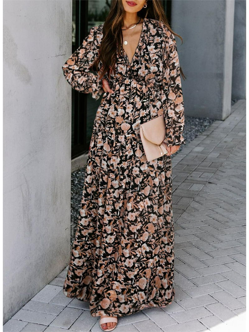 Dokotoo Womens Deep V-neck Floral Print Maxi Dress, Long Sleeve