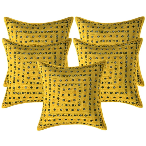 Stylo Culture Ethnic Sofa Throw Pillow Covers 16 x 16 Embroidered Mirror Lace Yellow Bohemian 40x40 cm Lounge Decor Cotton Geometric Square Cushion Covers | Set Of 5