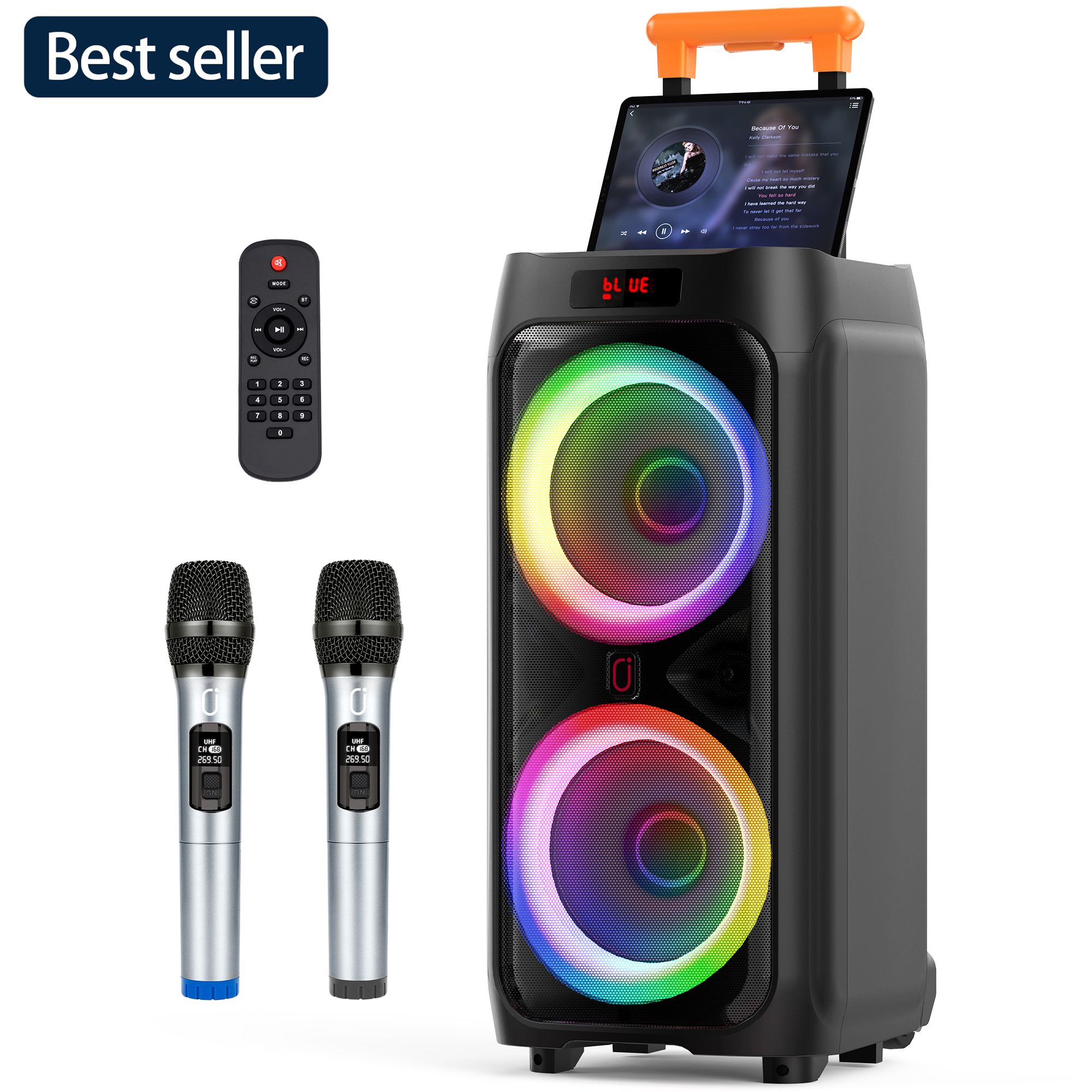 FanFun Karaoke Machine for Adult, Large Bluetooth Speaker with Wheels, 2 Microphones, Deep Bass Karaoke Party Speaker, T9