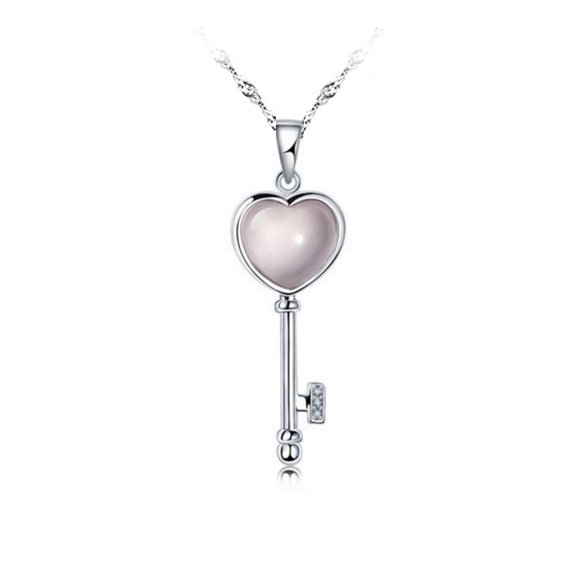 14k White Gold-Plated Love Key Madagascar AAA Pink Moonstone Adult Pendant Necklace, 18"