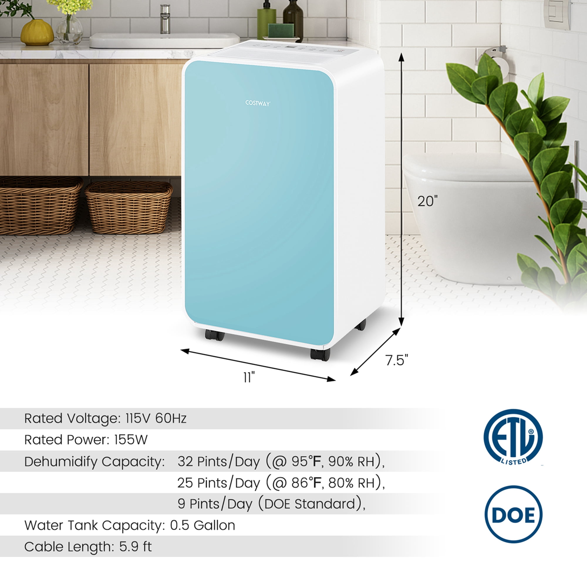 Costway 32-Pint Portable Dehumidifier with 3 Modes 2,500 Sq. ft Coverage Area Blue