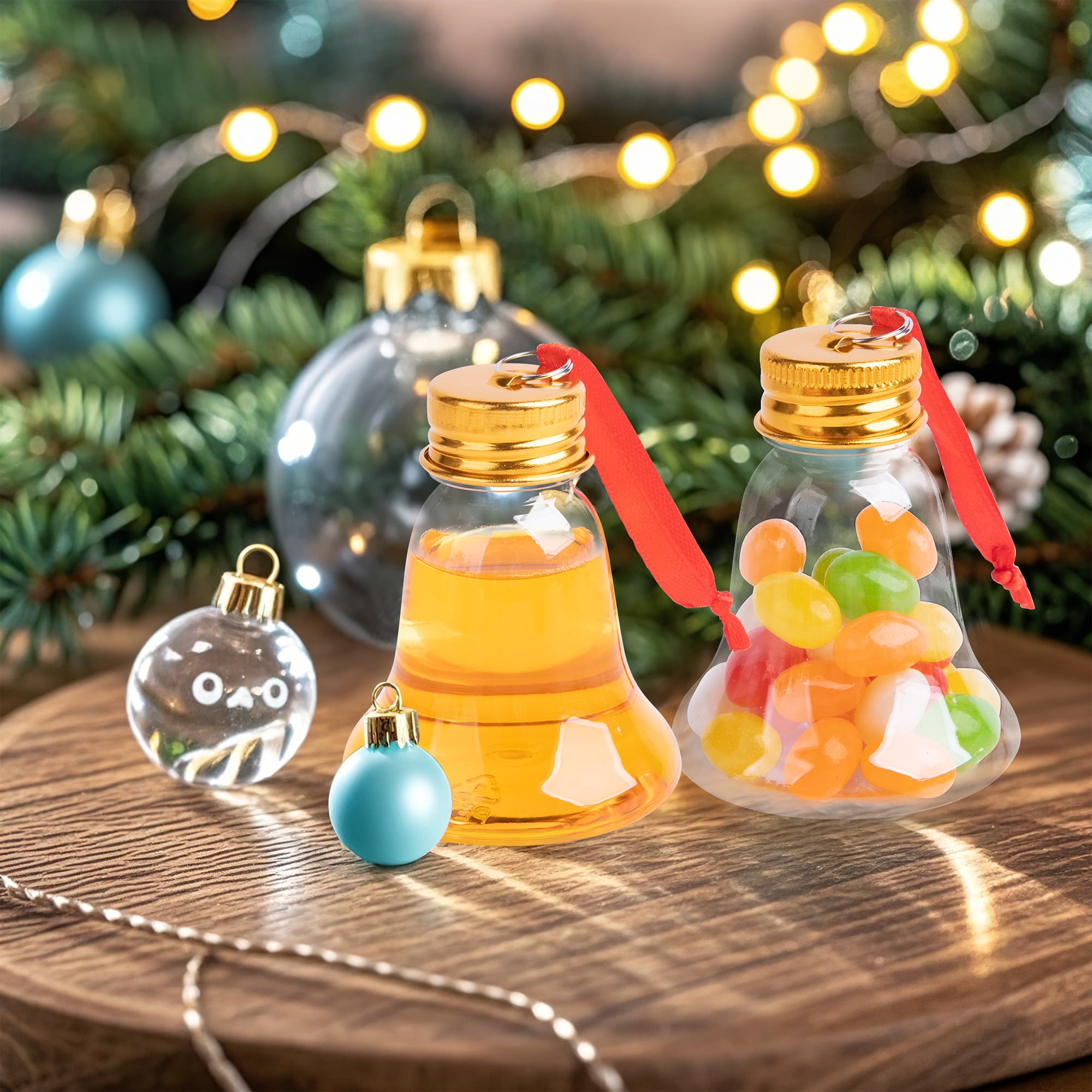 Fillable Christmas Ornament Drink Balls, 50ml Reusable Plastic Bell-Shaped Ornaments, 6-Piece Set for Tree Hanging and Holiday Decorating