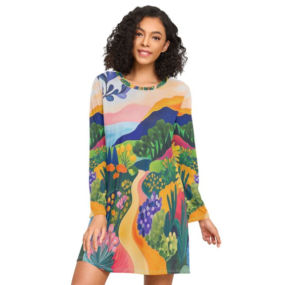 FORMRS Womens Long Sleeve Nightgowns Crew Neck Sleep Shirt Soft Pajamas Sizes S-3XL, Art Path