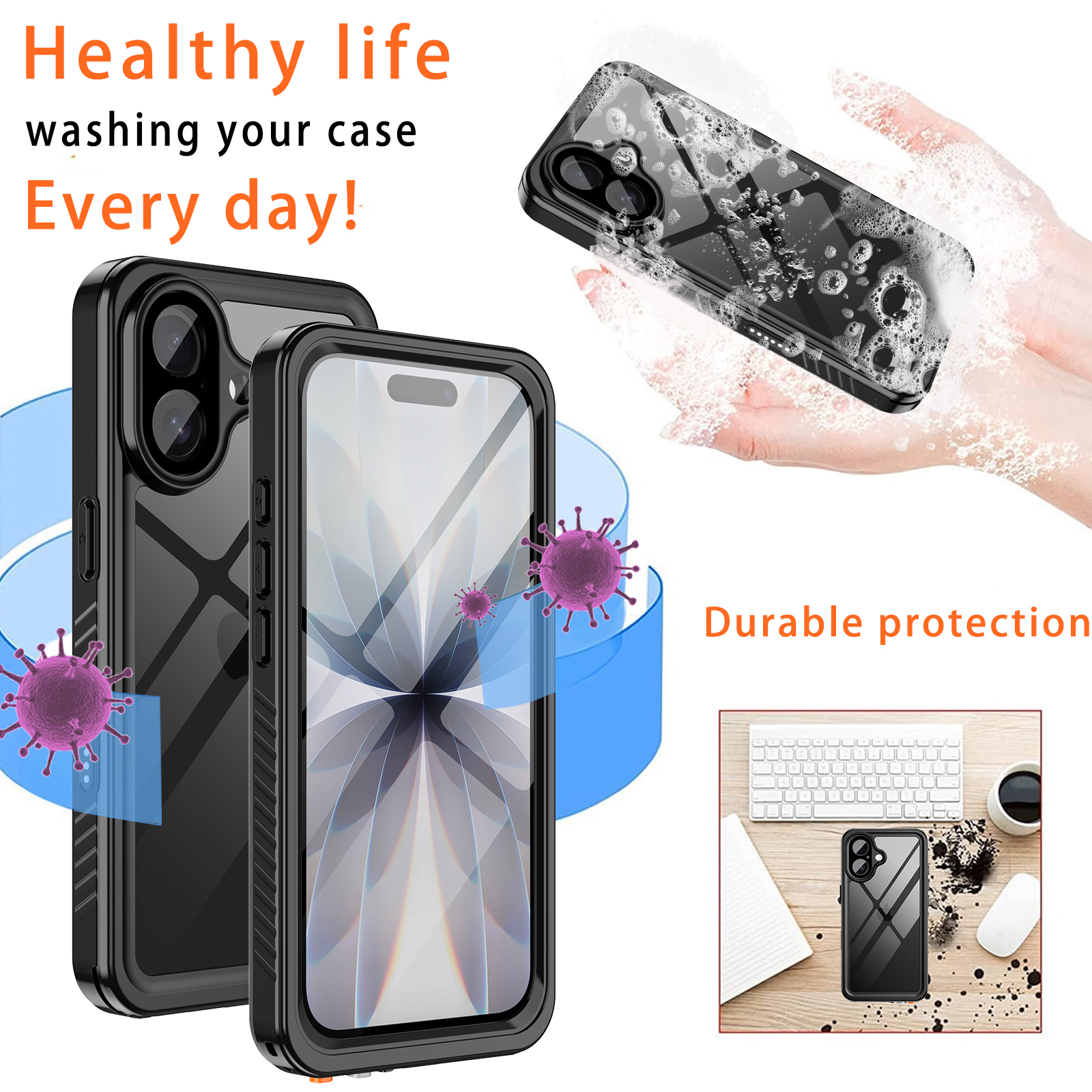 Casetego For iPhone 17 Case,IP68 Waterproof 16FT Underwater Military Dustproof Shockproof Rugged with Built-in Screen Protector Full Protect Phone Cover with Lanyard,Black