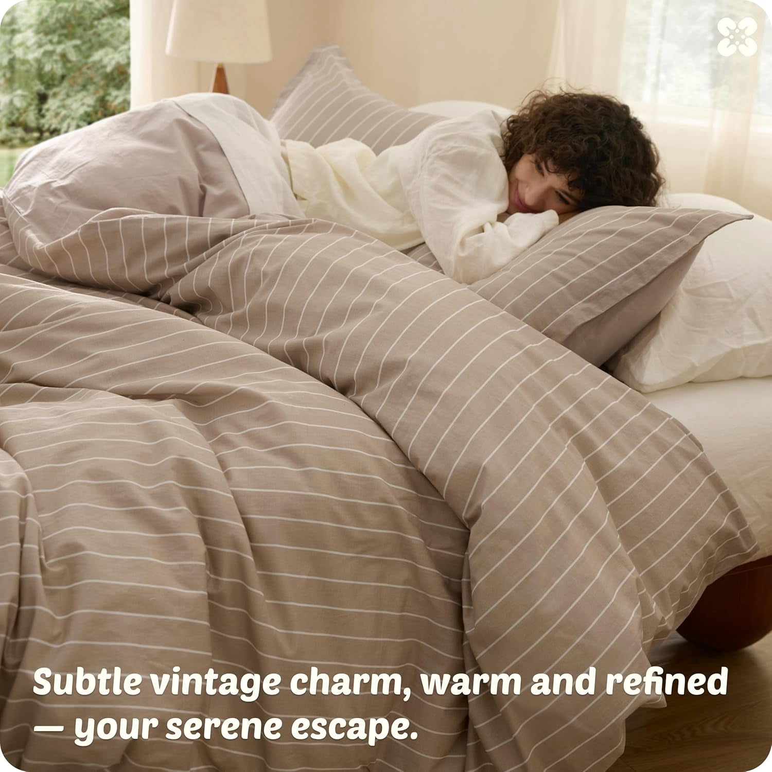 Striped Duvet Cover Queen Size, 100% Washed Cotton PureWoven Duvet Cover Linen Like Textured, Classic Striped Pattern Enhances Bedroom Comfort and Style, Stripes Olive Green, 90"x90"