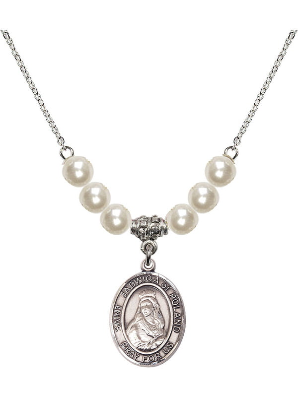 Bonyak Jewelry 18 Inch Rhodium Plated Necklace w/ 6mm Faux-Pearl Beads and Saint Jadwiga of Poland Charm 