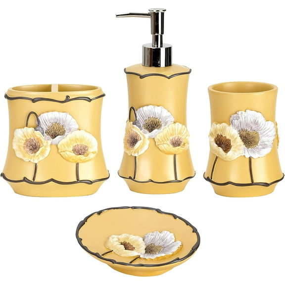 4pc Poppy Fields Yellow Bathroom Accessories Set Hand Soap Dispenser, Tumbler, Tooth Brush Holder and Soap Dish Modern Contemporary Decor Complete Bathroom Sets with Shower Curtains