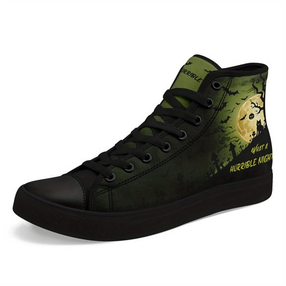 Coolcustomize Men's Spooky Halloween-themed High-top Sneakers - Stylish Casual & Comfortable Sport Shoes with Creepy Moon & Bat Design, Perfect Gift for Festive Wear, Black, Halloween Boots