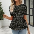 thumbnail image 3 of Camisa negra elástica fruncida con mangas cortas abullonadas, cuello redondo, estilo veraniego - L Blusa con dobladillo con volantes y estampado floral, 3 of 6
