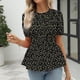 thumbnail image 3 of Camiseta de verano con dobladillo con volantes y mangas cortas con cuello redondo y estampado floral elástico para mujer Negro S, 3 of 6