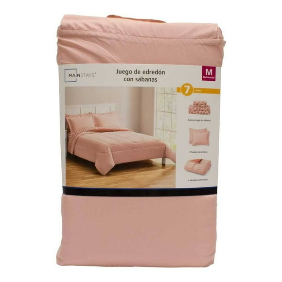 Juego de Edredón con Sábanas Mainstays 7 Piezas Tamaño Matrimonial y Diseño Liso Color Rosa