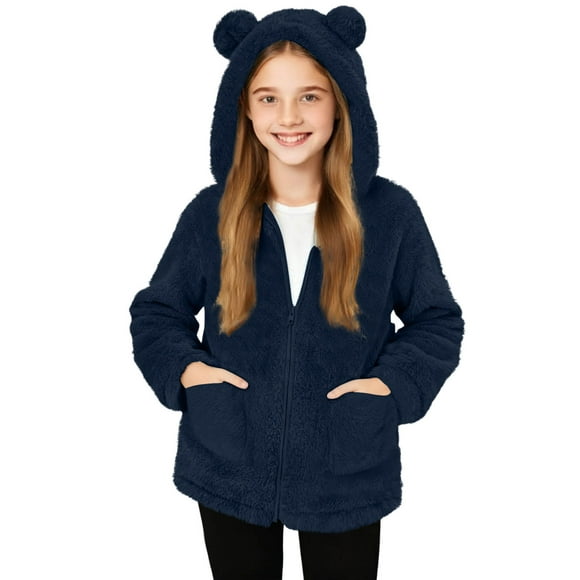 EGNMCR Manteau d'Hiver pour Enfants en Polaire à Manches Longues avec Capuche et Fermeture Éclair, Mignon Chemisier avec Grande Poche pour Fille polyester Top