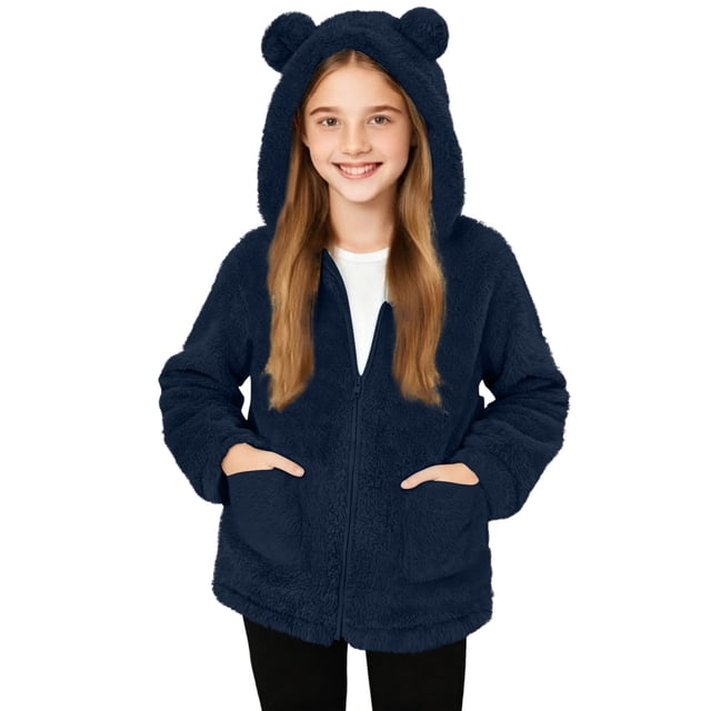 Abrigo de invierno para niños con forro polar de color liso, manga larga, capucha y cremallera, bonita blusa abrigada con bolsillo grande para niñas, top de poliéster