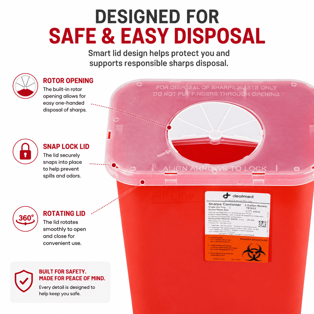 Dealmed Sharps Container, 2 Gallon Rotor Opening, Red (Case of 20)