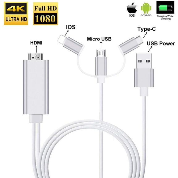 3 in 1 HDMI Adapter Cable, Type-C/Micro USB/Phone to TV Projector Monitor 1080P HDTV HDMI Cable Adapter for All Mobile Phone Devices