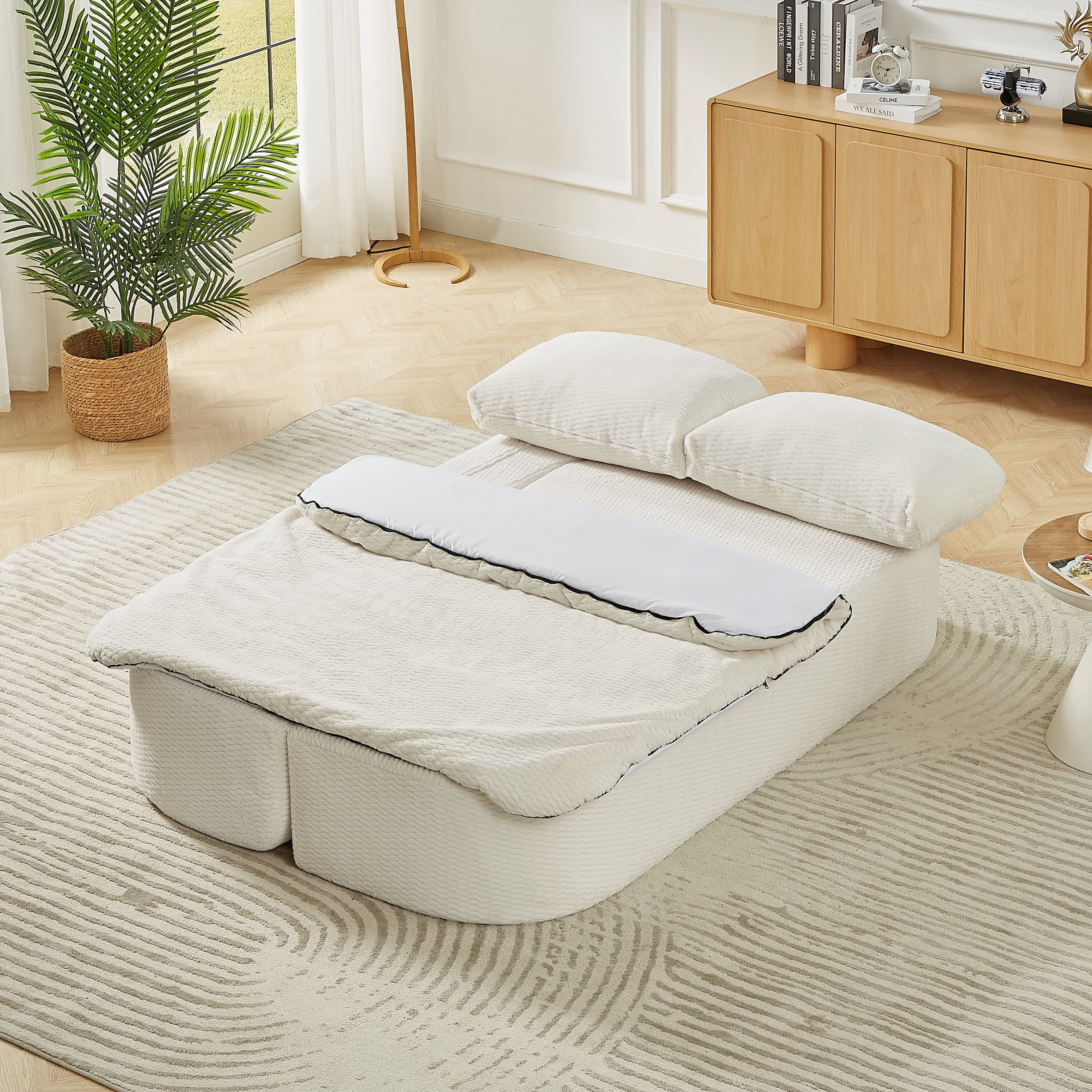 MAYEERTY Convertible Plush Sofa Bed, Modern Folding Compression Sleeper Couch for Living Room, 75*41*26"Cream