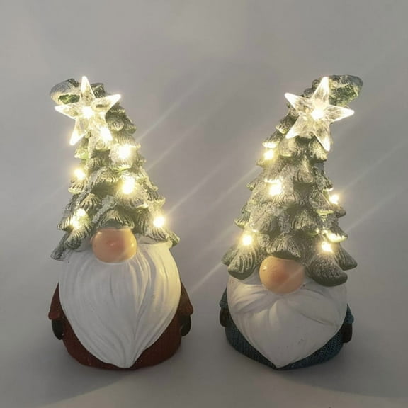 2-Pack Festive Resin Tree Gnome Figurines with LED Lights, Indoor & Outdoor Christmas Tabletop Decor, Battery Operated (AAA, Not Included), for Various Room Types