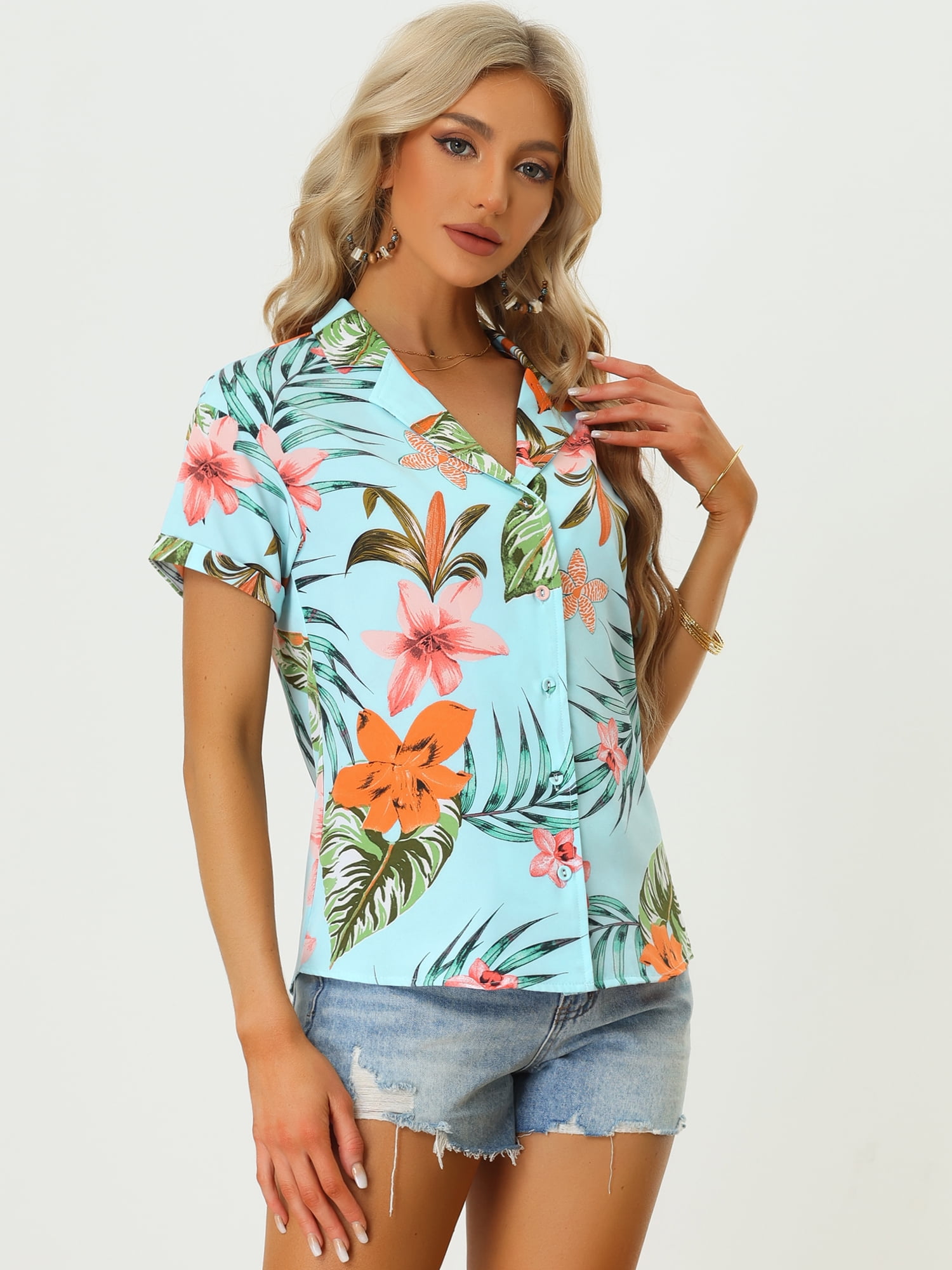 DARING DIVA Floral Leaves Print Short Sleeve Beach Top L Sky Blue