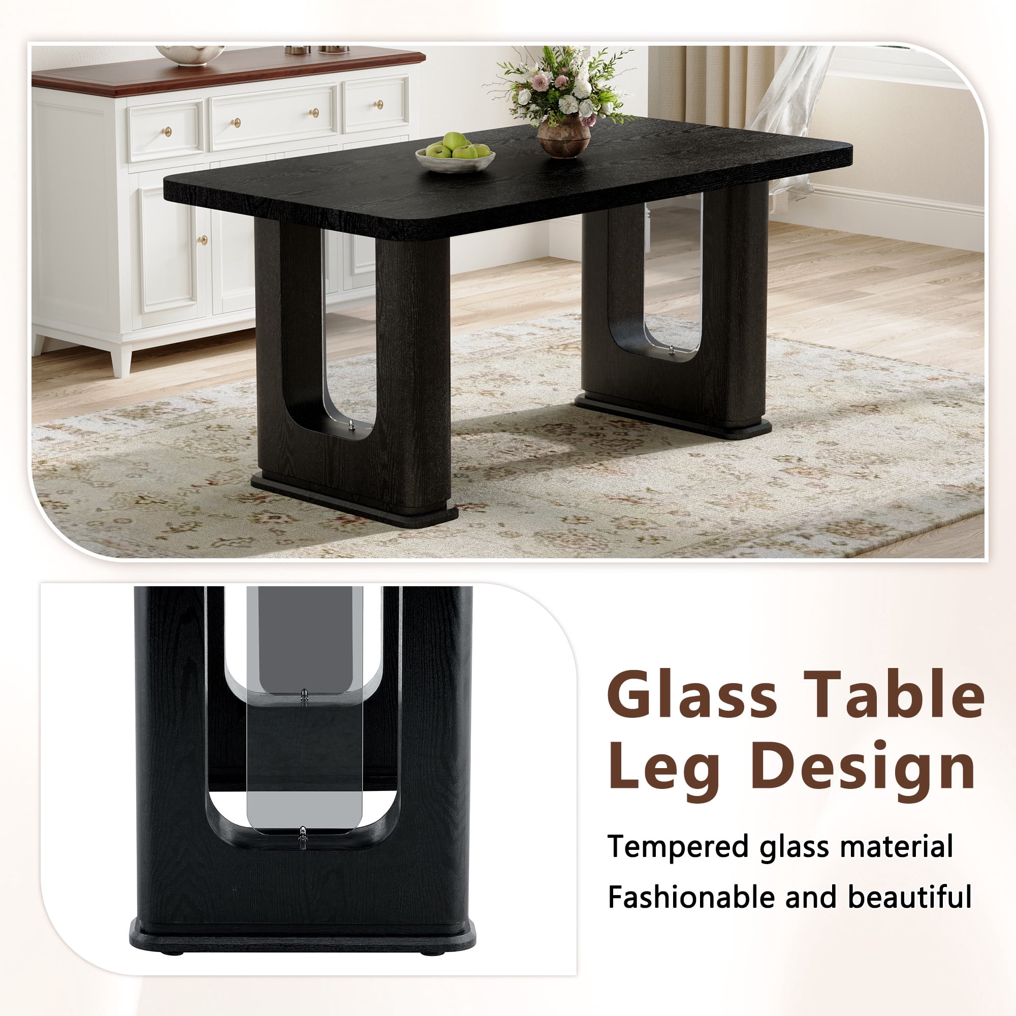 Mintazer 64 Inch Modern Black Wood Grain Rectangular Dining Table with Tempered Glass Inset Legs, Minimalist Kitchen Table for 6-8 People, Black