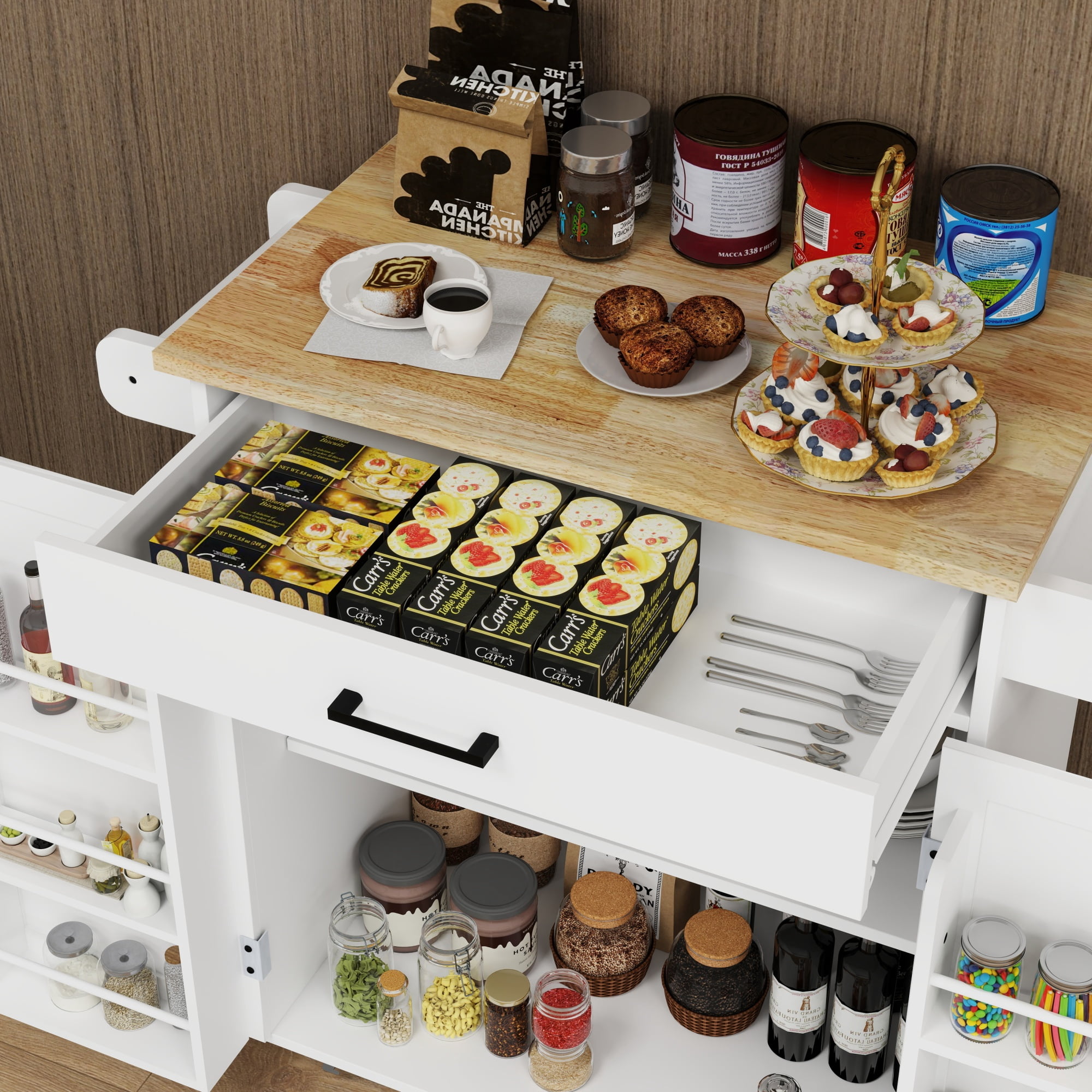 Jopath Sland Table,Kitchen Island Cart With Storage, Rolling Side Table, Large Worktop, Cabinet, Towel Rack, Drawers For Kitchen Dining Living Room Whit