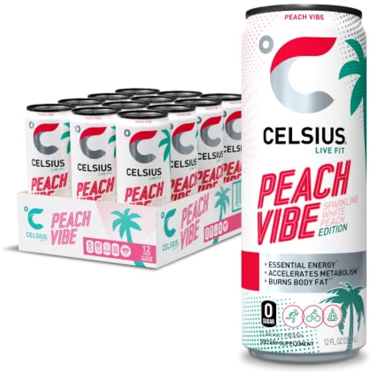 Celsius Essential Energy Drink, Sparkling Peach Vibe 12 Fl Oz (Pack Of