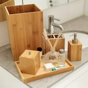 Premium 5 Piece Bamboo Bath Set. Brown Vanity Bathroom  Accessory Set with Waste Basket