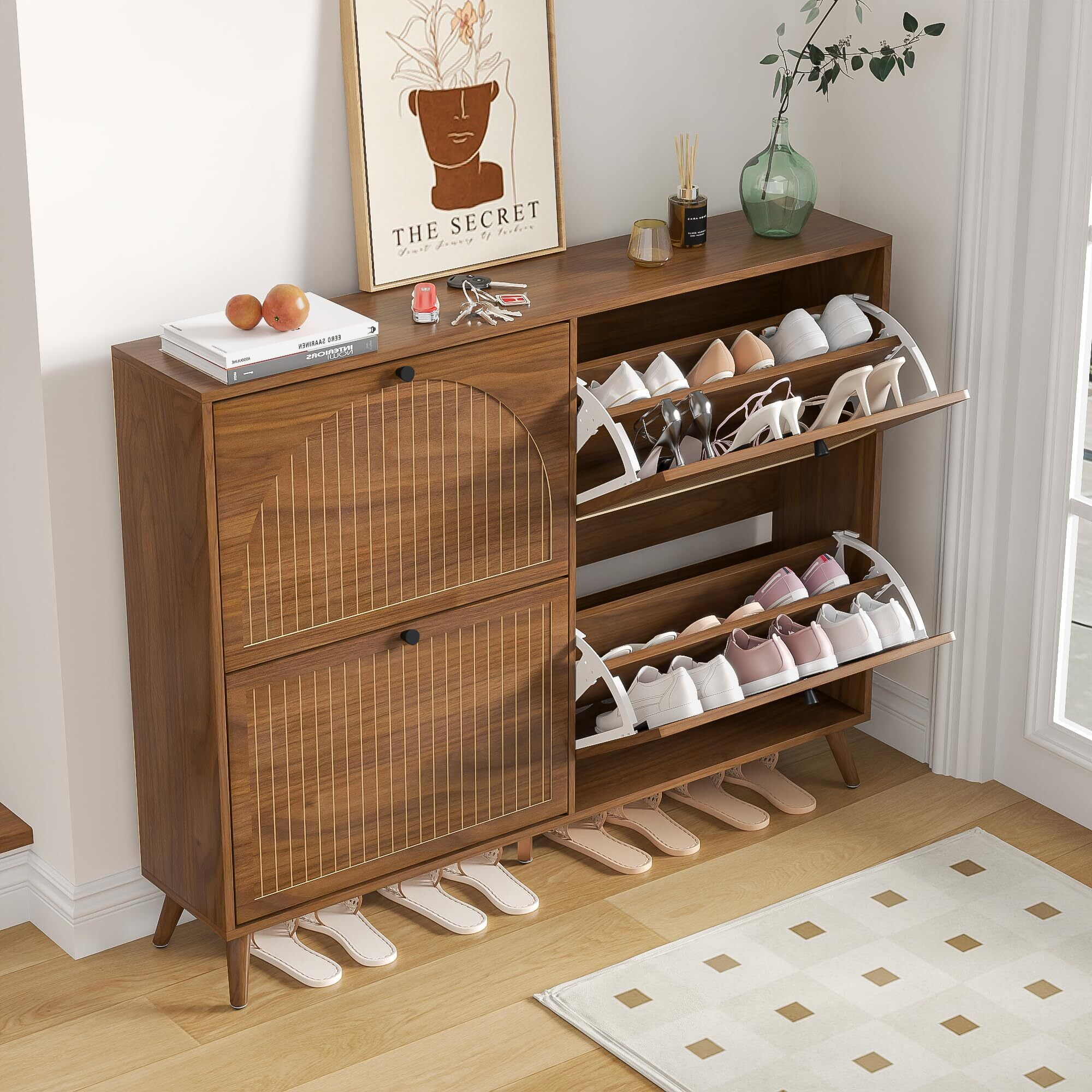 Fsbecl Narrow Freestanding Shoe Cabinet with 4 Flip Drawers for Entryway, Walnut