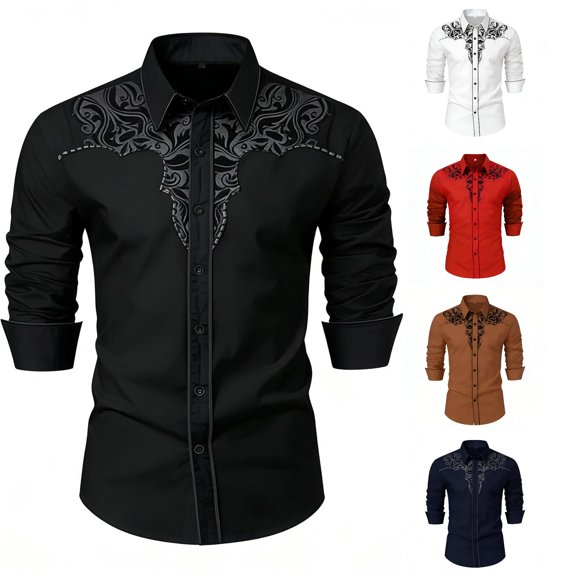 Wxolcjlv Western Bull Skull Embroidery Button Down Shirt for Men Turn Down Collar Long Sleeve Gothic Cowboy Slim Blouse