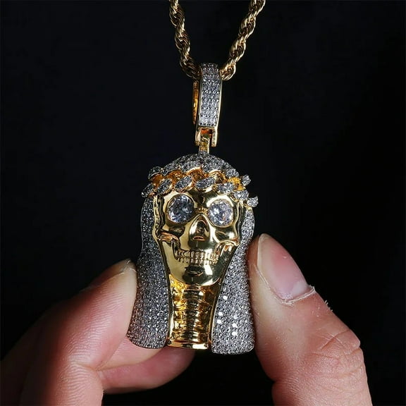 Hip Hop Micro Paved Cubic Zirconia Bling Iced Out 14K Yellow Gold Skull Jesus Piece Pendants Necklace for Men Rapper Jewelry