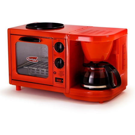 Americana by Elite EBK-200R 3-in-1 Mini Breakfast Shoppe, Coffee, Toaster Oven, Griddle, Robin Red