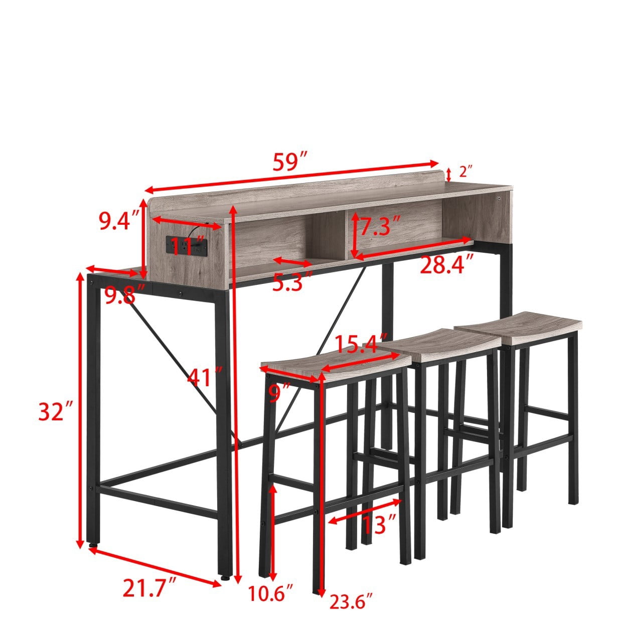 4 Piece Bar Table Set with 3 Saddle Stools, 59" Sofa Table with LED Lights and Charging Station, Counter Height Dining Table for Kitchen, Living Room, Home Bar, Grey