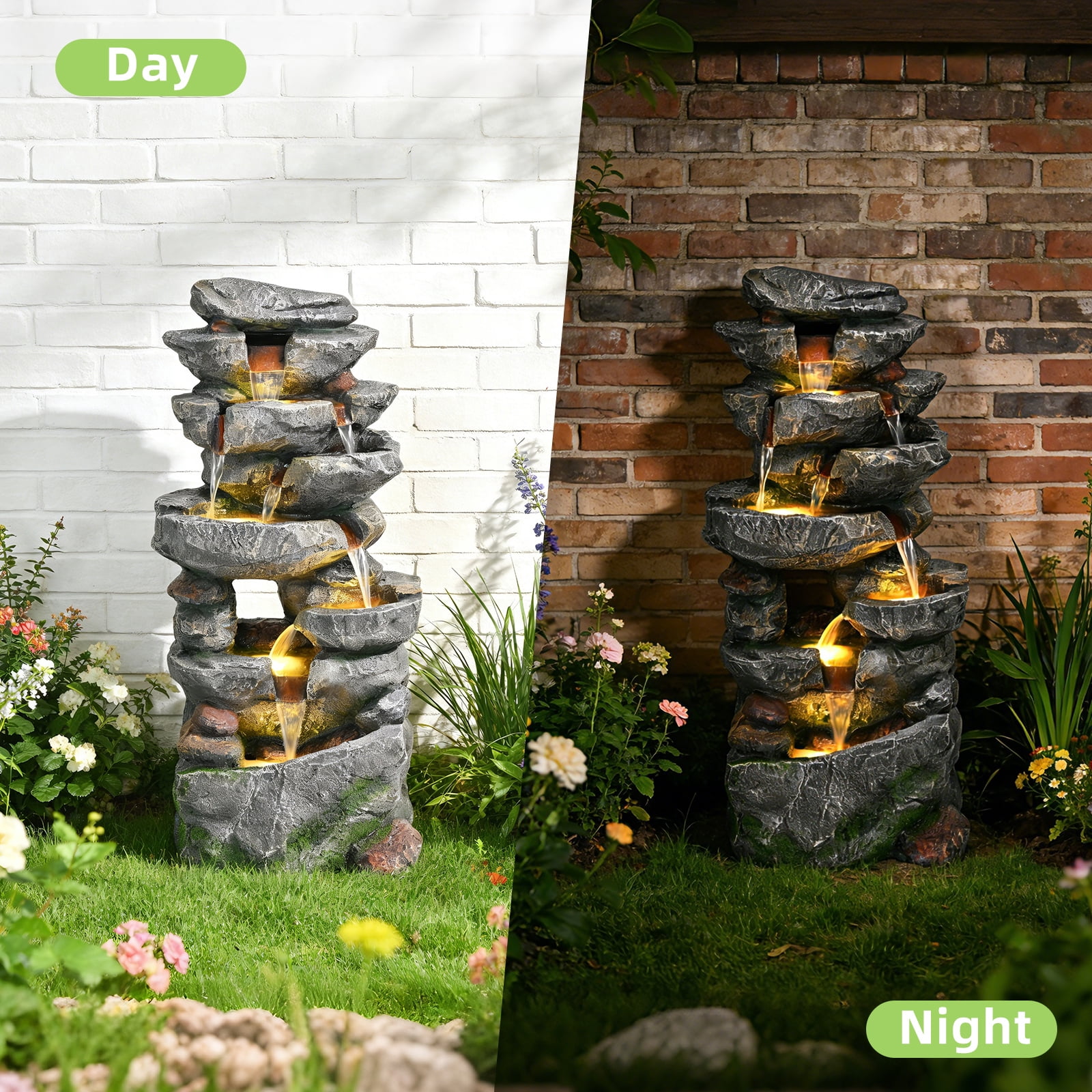 39" 7-Tier Cascading Rock Fountain - With LED Lights & Pump, Outdoor Garden Decor, Self-Contained Recirculating & Weather-Resistant