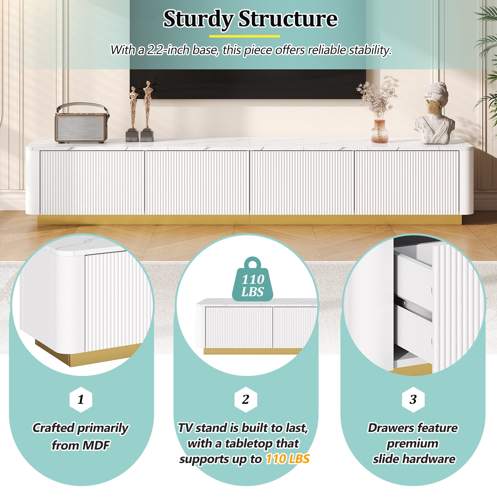 HIUU Luxury TV Stand with Faux Marble Table Top,Marble TV Stand Modern,Fluted TVs Console with Storage for TVs Up to 85",White Entertainment Center with Gold Base