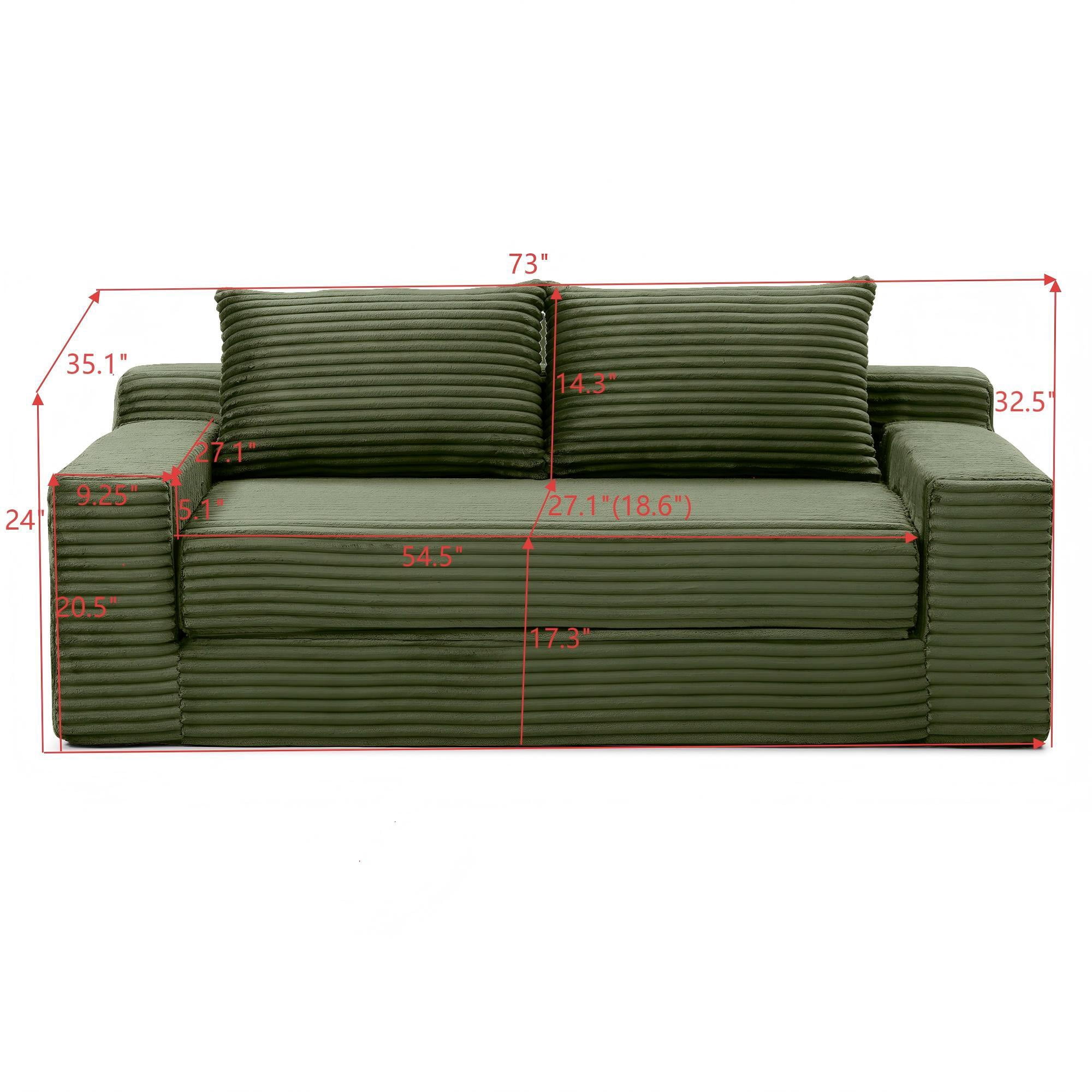 Foam Filling No Assembly Oversized 3-Seater Loveseat Sofa, 2-in-1 Convertible Folding Couch, Corduroy Floor Chaise Lounge Bed