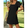 thumbnail image 6 of Womens Solid Color Casual Summer Square Neck Short Sleeve Mini Dresses with Pockets Black XL, 6 of 9