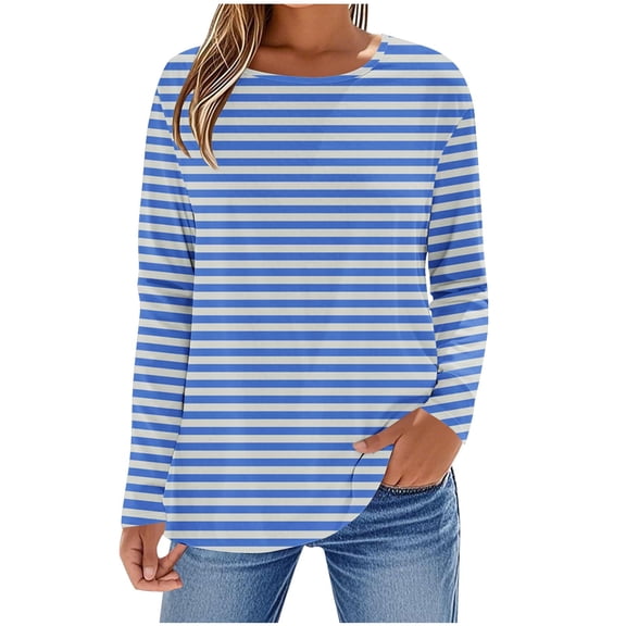 Hfnxid Long Sleeve Shirts for Women Casual Crew Neck Striped Shirt Loose Fit Comfy Basic Fall Tops