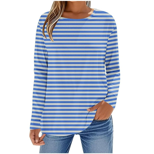 Enjoytime Women's Fashion Tops Striped Long Sleeve Shirts Cute Crew Neck Basic Business Work Blouses