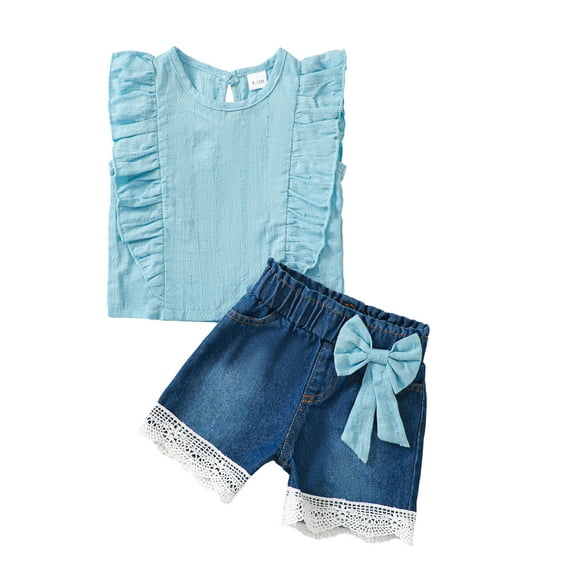 Kucnuzki 18M Infant Baby Girls Summer Outfits 24M Girl Clothes Set Ruffle Sleeveless Solid Color Top Bow Denim Shorts Sets Jeans 2pcs Clothing Blue 18-24 Months