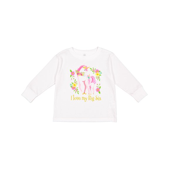 Inktastic I Love My Big Sis Unicorn with Pink and Yellow Flowers Boys or Girls Long Sleeve Toddler T-Shirt