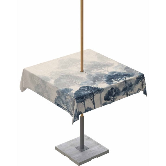 Outdoor Tablecloth with Umbrella Hole for Patio/Picnic/Party/Camping, Blue Forest Waterproof Table Cloth Square Cover Washable, Farmhouse Botanical Tree Scenery Beige 60"x 60"