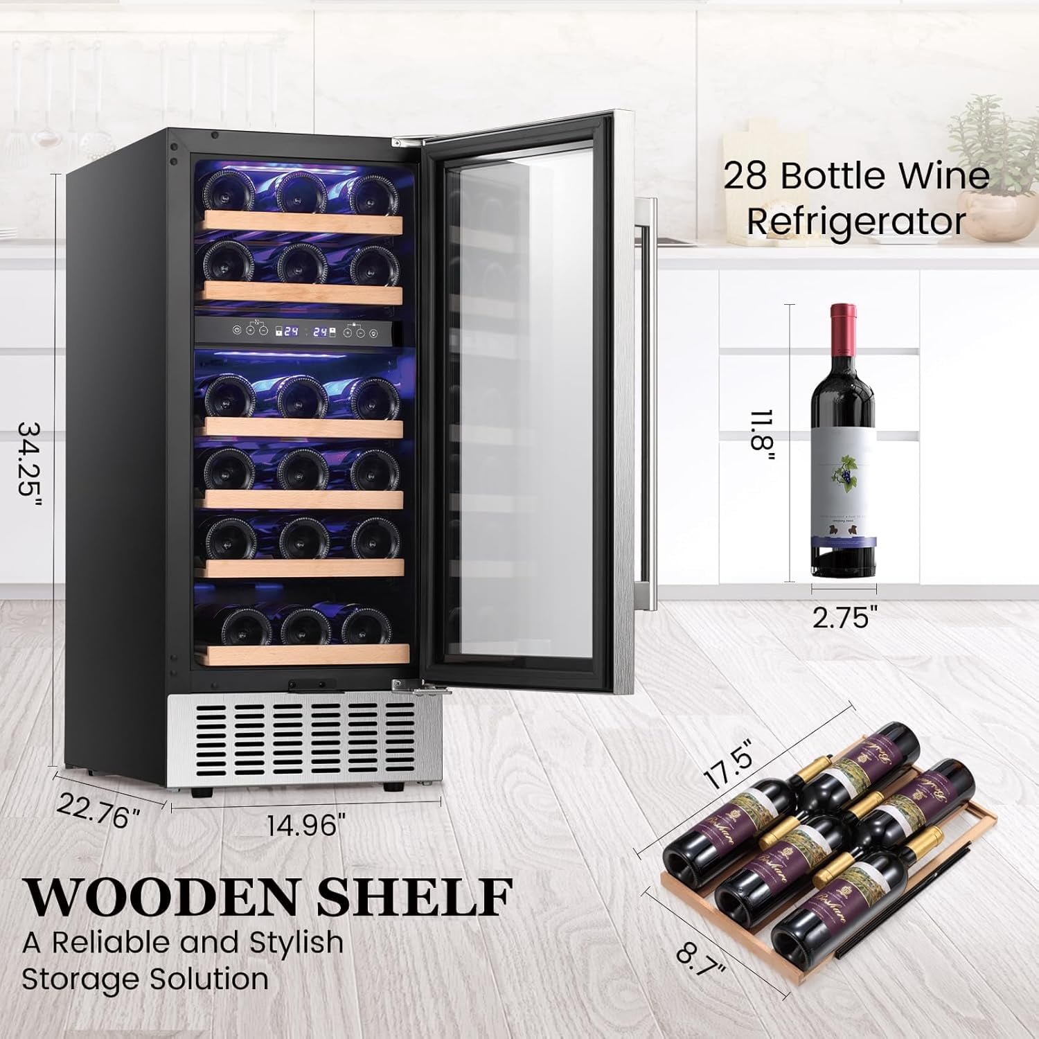 CRZOE 28 Bottle Wine Fridge with Lock, 15 Inch Wine Refrigerator for Red, White, Champagne, Beer, Dual Temperature Zone, Built-In or Freestanding, Wood Shelves, Stainless Steel Glass Door