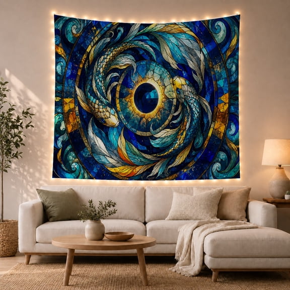 Two Koi Fish Spiral in Blue Mosaic Vortex, Mystical Digital Art for Zen Decor Enthusiasts, Serene Spirituality Wall Art, Housewarming Gift, Tapestry Wall Hanging for Living Room and Bedroom