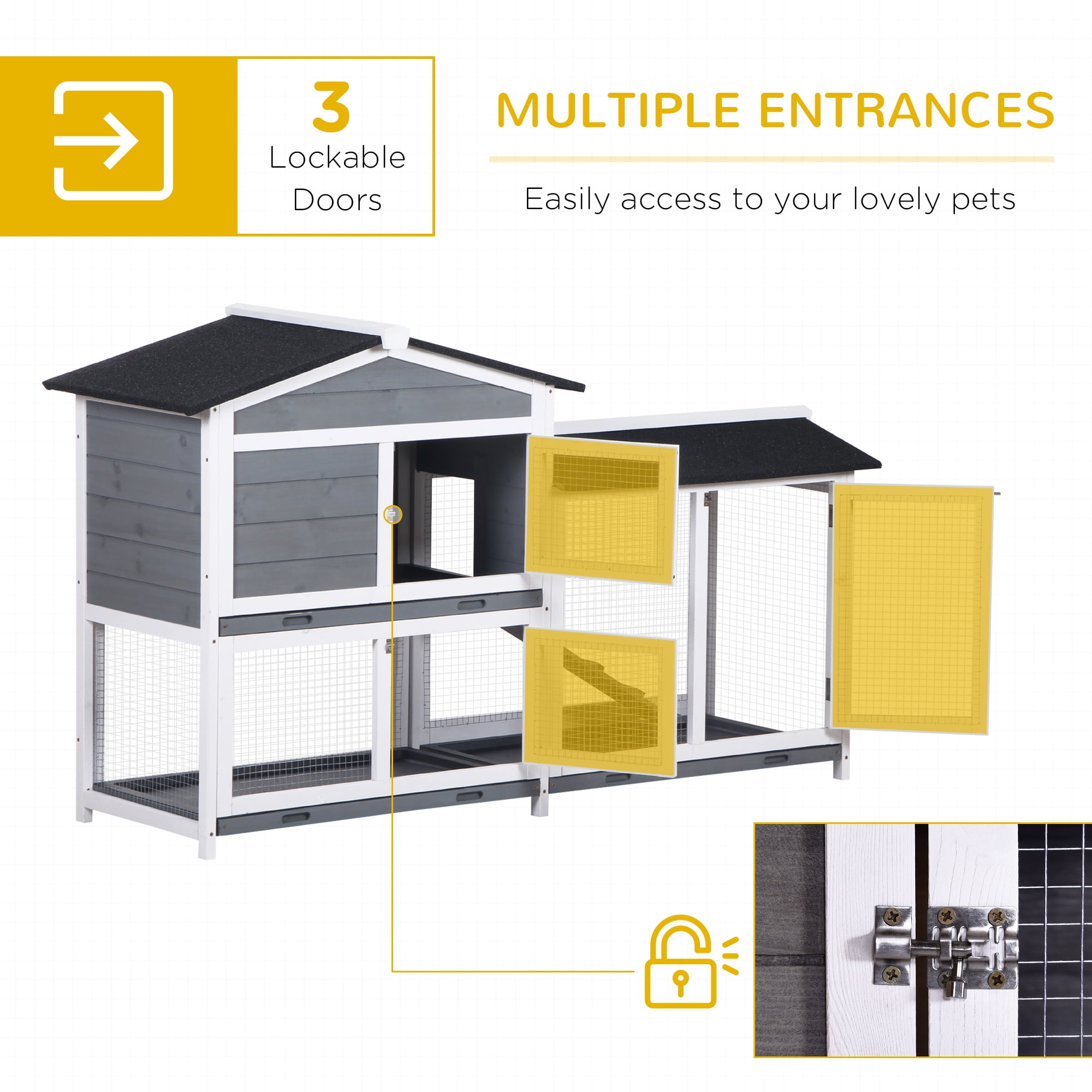 Noaman PawHut 62" Large Wooden Rabbit Hutch with Run Area, Asphalt Roof, Removable Tray, Lockable Doors and Ramp, Gray - Spacious Bunny Cage for Small Animals Like Guinea Pigs, Indoor & Outdoor Use