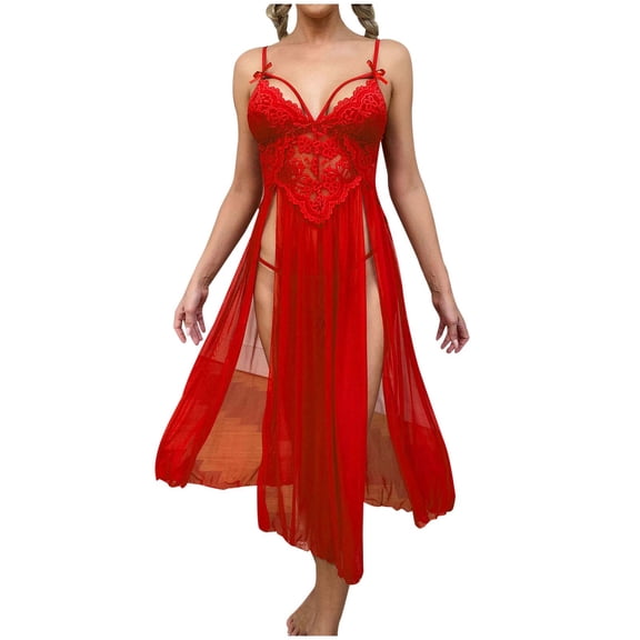 IROINNID Women's Nightgown Side Slit Sling Nightdress Mesh Camisole Chemise Pajamas,Red