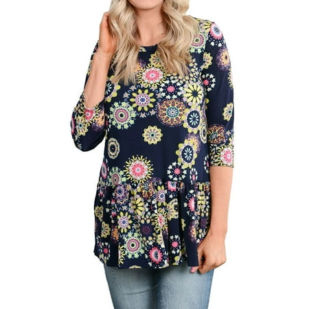 - 711ONLINESTOR Women Round Neck 3/4 Sleeve Floral Print Peplum Blouse
